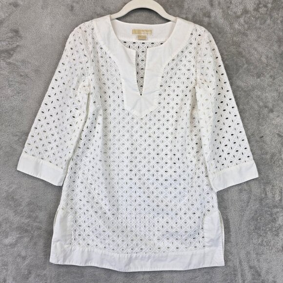 Michael Michael Kors Top Womens 4 White Eyelet Lace Tunic Cover Up Boho Resort - Picture 1 of 14